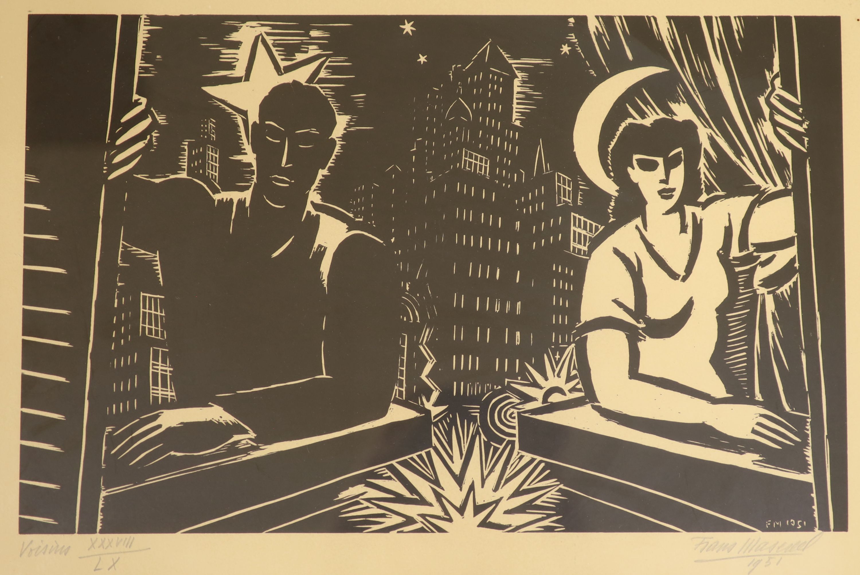 Frans Masereel (1889-1972), woodcut, 'Voisins', signed and dated 1951, XXXVIII/LX, 32 x 46cm
